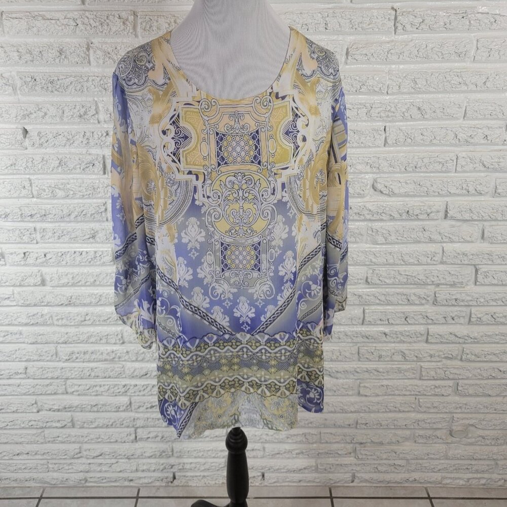 JM Collection Women's XL Tunic Top Blouse Blue Geometric 3/4 Slit Sleeve GEO111E
